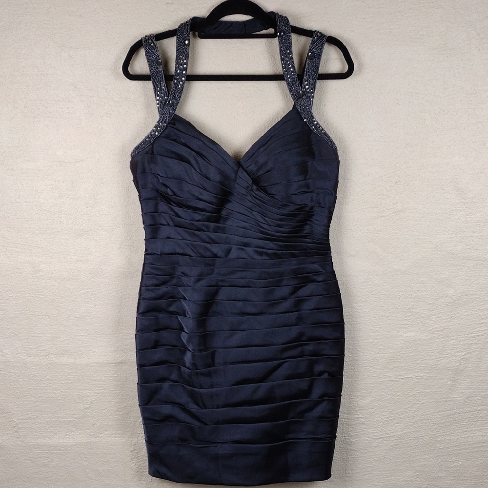 Adrianna Papell For E! Red Carpet Navy Blue Halter Neckline Pleated Mini Dress